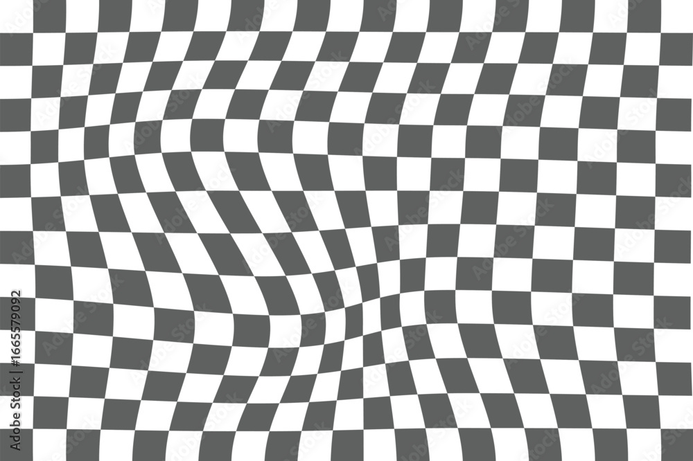 Fototapeta premium black and white wavy checkerboard background. Retro psychedelic checkered wallpaper. Wavy groovy chessboard surface. Distorted geometric pattern. Trendy modern. eps 10
