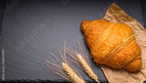 Golden-brown croissant on parchment paper with wheat stalks on dark slate background