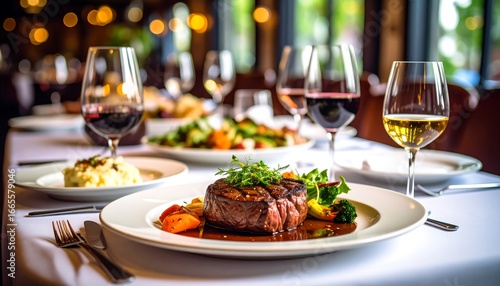 A delectable steak dinner is presented on a white table setting, complete with wine glasses and side dishes, evoking a sophisticated dining experience.