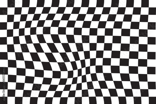 black and white wavy checkerboard background. Retro psychedelic checkered wallpaper. Wavy groovy chessboard surface. Distorted geometric pattern. Trendy modern. eps 10