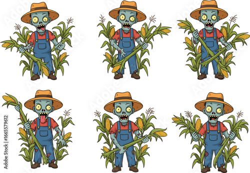 Cartoon zombie farmer holding cornstalks with corn ears, spooky undead character, scary Halloween farm, agriculture horror, creepy harvest illustration