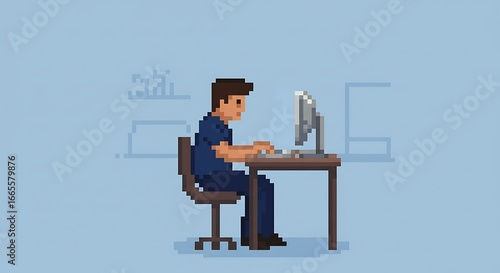 Pixel art of a person using their computer, retro style, simple background