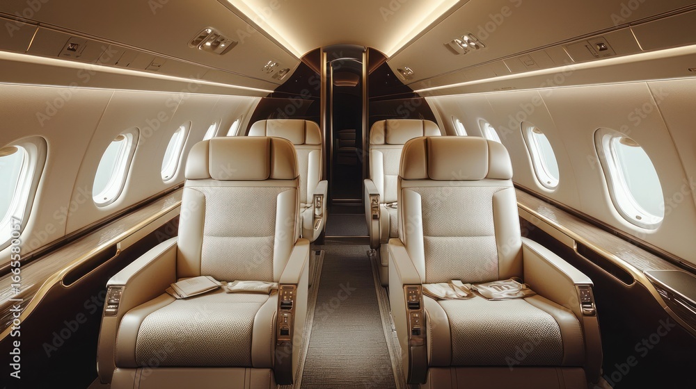 Fototapeta premium A luxurious private jet cabin with white leather seats and wooden accents.