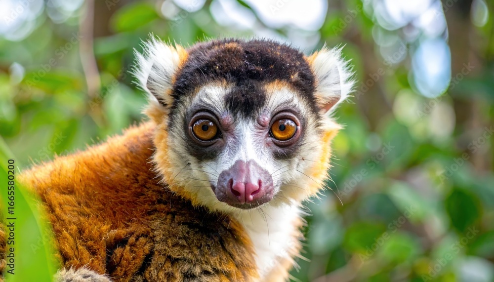 Obraz premium Close-up of a red-bellied lemur with captivating orange eyes peering out from lush green foliage