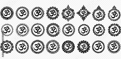 A collection of various Om symbols, each intricately framed with decorative borders, set against a transparent background.