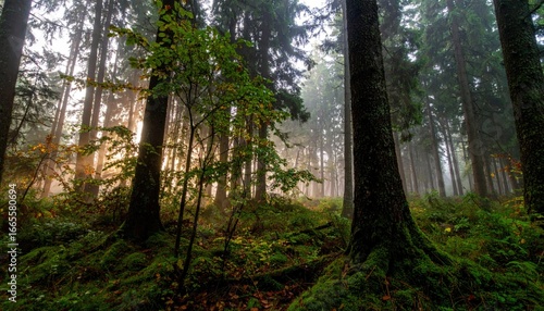 Sunbeams pierce misty evergreen forest, illuminating mossy ground and young saplings