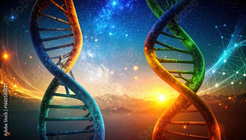 Two colorful DNA double helix structures against a cosmic sunrise backdrop with mountains