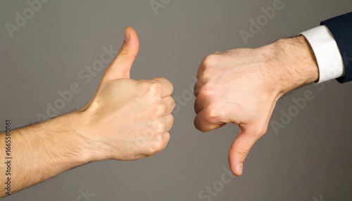 Two hands gesturing thumbs up and thumbs down against a gray backdrop