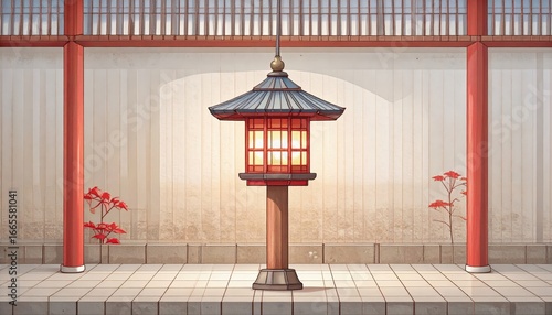 A glowing red lantern stands tall in a serene Asian courtyard with red pillars and foliage