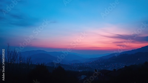 Wallpaper Mural A serene mountain landscape at sunset with a vibrant pink and blue sky. Torontodigital.ca