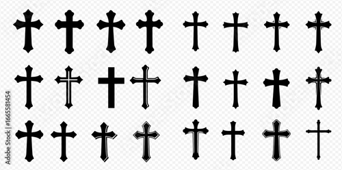A collection of various black Christian cross symbols displayed in a grid on a transparent background.