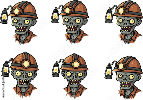 Cartoon zombie miner character with helmet and lantern, spooky underground worker illustration, Halloween undead concept art for games and comics.