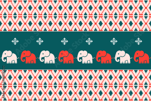 Seamless Scandinavian Christmas pattern featuring pixel art elephants with traditional Nordic ornaments in red and green. Perfect for festive textiles, holiday decorations, winter sweaters, and season