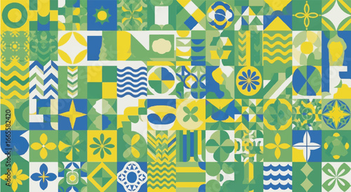 Geometric pattern displays vibrant blue, yellow, and green shapes creating a dynamic mosaic on a white surface, evoking a sense of modern artistry.
