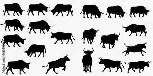 A collection of black silhouettes depicting various bovine animals like bulls, cows, and oxen in different poses against a transparent background.