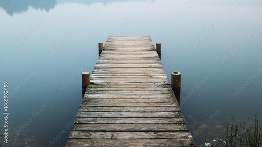 Naklejka premium A wooden dock extending into a calm lake with a wooden pier and a wooden post in the water.