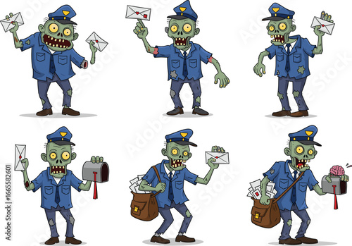 Cartoon zombie postmen in tattered uniforms, scary undead mail carriers with letters and bags, Halloween vector illustration for comics, games, designs.
