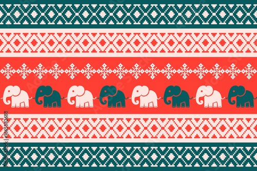 Seamless Scandinavian Christmas pattern featuring pixel art elephants with traditional Nordic ornaments in red and green. Perfect for festive textiles, holiday decorations, winter sweaters, and season