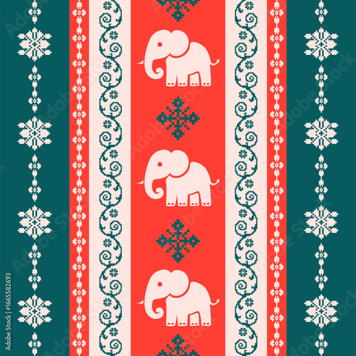 Seamless Scandinavian Christmas pattern featuring pixel art elephants with traditional Nordic ornaments in red and green. Perfect for festive textiles, holiday decorations, winter sweaters, and season