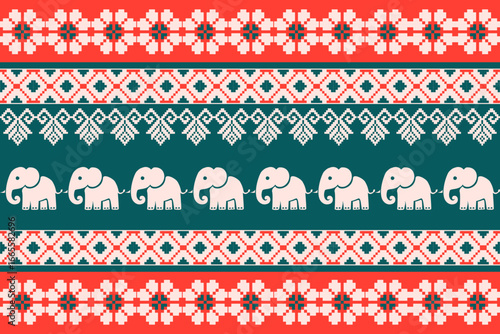 Seamless Scandinavian Christmas pattern featuring pixel art elephants with traditional Nordic ornaments in red and green. Perfect for festive textiles, holiday decorations, winter sweaters, and season
