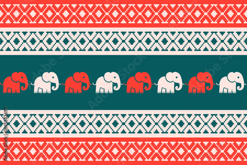 Seamless Scandinavian Christmas pattern featuring pixel art elephants with traditional Nordic ornaments in red and green. Perfect for festive textiles, holiday decorations, winter sweaters, and season