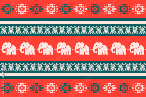 Seamless Scandinavian Christmas pattern featuring pixel art elephants with traditional Nordic ornaments in red and green. Perfect for festive textiles, holiday decorations, winter sweaters, and season