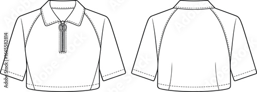 Cropped short sleeve top front and back views, raglan sleeves, zip front with collar, garment CAD vector illustration, fashion flat, clothing design, sewing pattern