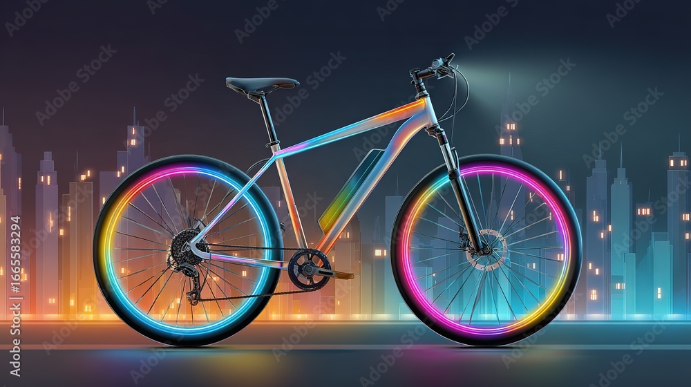 Fototapeta premium Electric Bike with Multicolor LED Wheel Lights - Urban Night Commuting Scene, Smart City Mobility Illustration, Gradient Frame Tech Design