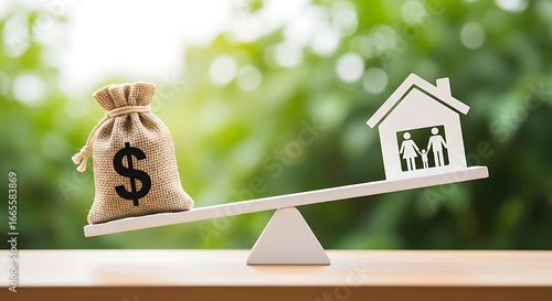 Balancing family dreams and financial realities with a money bag and house symbol on a scale