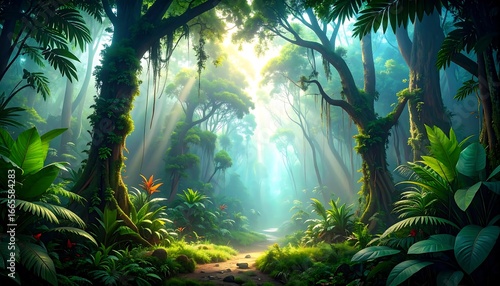 Lush, sun-drenched jungle path unfolds in a vibrant, mystical setting, bathed in ethereal light.
