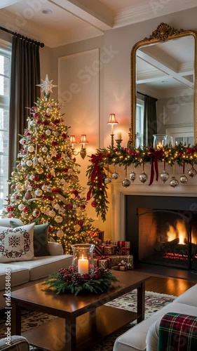 Cozy Christmas living room with a decorated tree and a burning fireplace. Elegant holiday home interior with festive decorations. Warm and inviting winter scene.