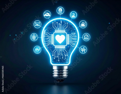 Heart tech innovation with glowing bulb.