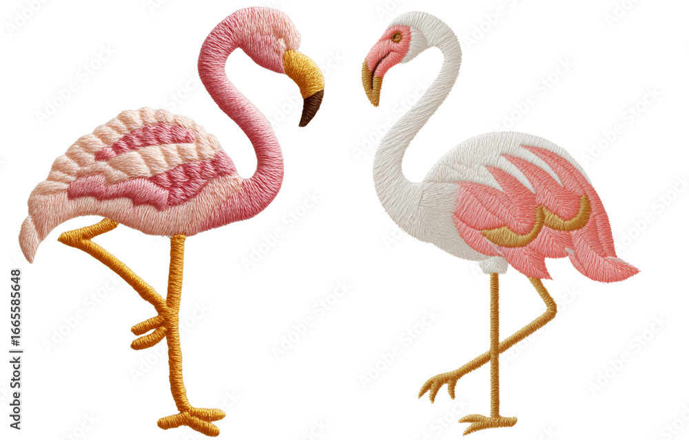 Obraz premium Flamingo embroidery design featuring two elegant birds, one in vibrant pink and other in soft white and pink hues, showcasing intricate stitching and artistic detail