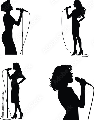Flat vector illustration of four female singers performing with microphones, silhouette style, music, concert, vocal performance, stage presence, entertainment