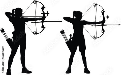 Flat vector illustration of two female archers aiming compound bows, silhouette style, target practice, sports, competition, outdoor activity