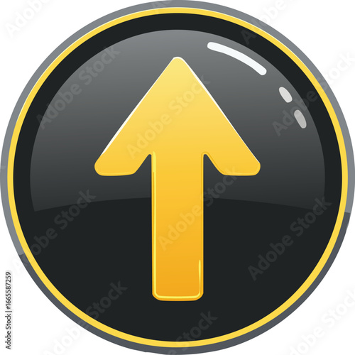 Glossy yellow arrow pointing upwards on dark circular background black