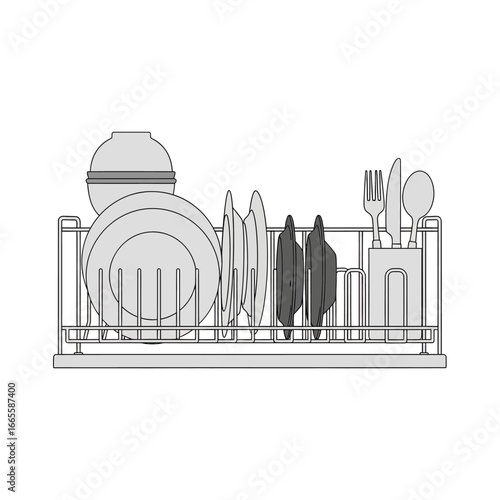 Dish Drying Rack with Plates, Bowls, and Cutlery