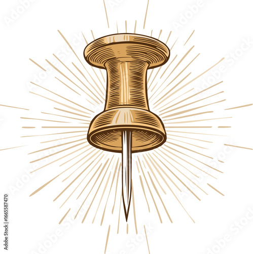 Golden pushpin with radiating lines brown sharp