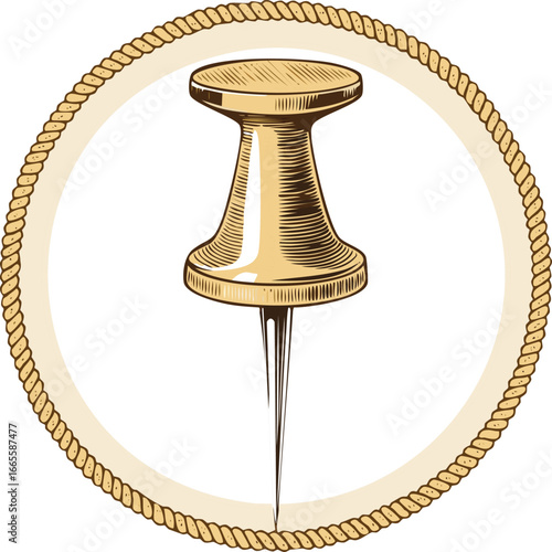Golden Pushpin Centered Within Twisted Rope Circle thumbtack brass