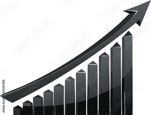 Dark grey bar graph with upward trending arrow growth progress