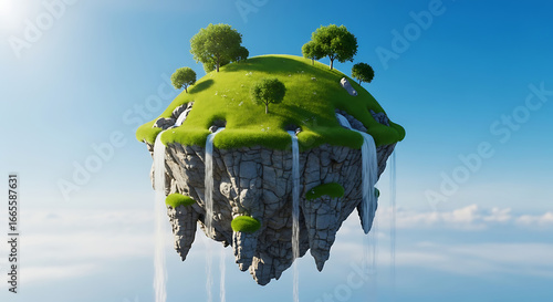A 3D rendered image of a floating land with a green grass surface, Beautiful tea gardens, scattered in the clear background. 