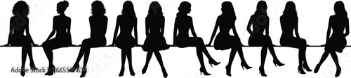 Flat vector illustration of diverse women silhouettes sitting on a line, elegant posture, high heels, various hairstyles, fashion, stylish, group, unity, female figures