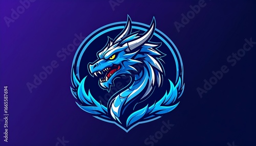 A vibrant blue dragon emblem, head and neck, features bold lines and colors against a dark background.