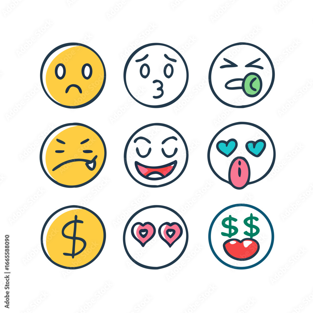 Expressive doodle emoji icons yellow Expressive doodle emoji icons yellow