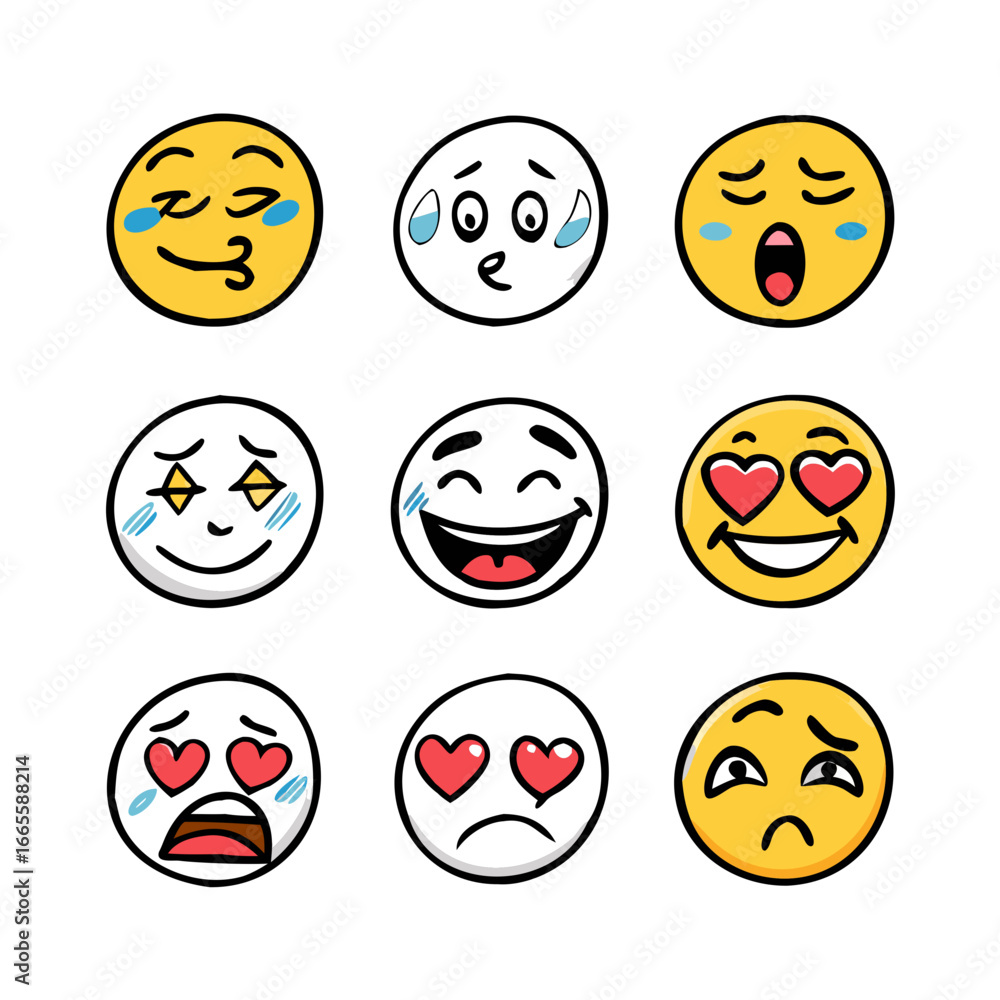 Fototapeta premium Hand drawn emoji faces with various expressions yellow
