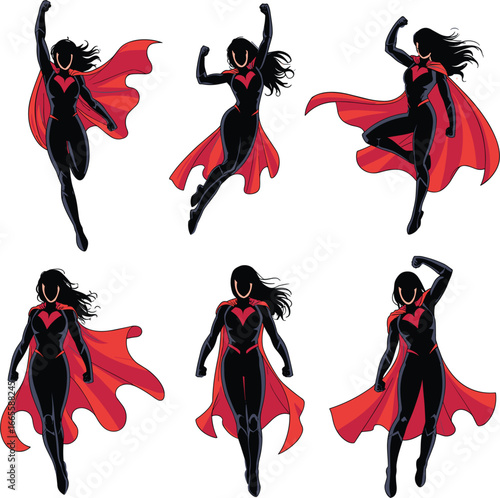 Flat vector illustration of superhero woman silhouette, flying, posing, red cape, confident, brave, strong female hero in action.