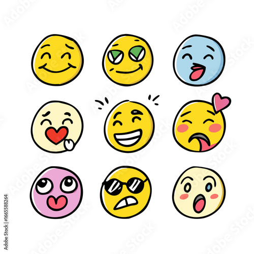Hand drawn expressive emoji faces expressions emotions