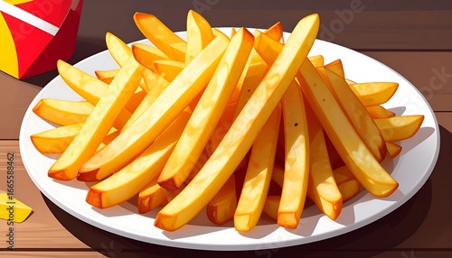 A plate piled high with golden-brown french fries, beautifully rendered in a style evocative of digital painting.