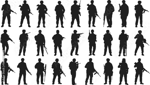 Flat vector illustration of armed soldiers silhouette, military personnel with weapons, army force formation, black tactical combat fighter design art.