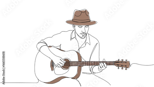 guitarist playing acoustic guitar musician with hat continuous drawing modern illustration